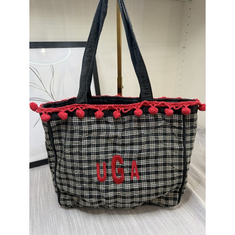 Handmade UGA plaid Tote Bag With Red Pom Poms Georgia Bulldogs Game Day Wear